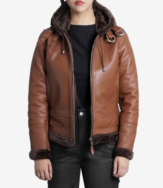 Luxurious Women's Cognac Brown Leather Jacket with Shearling Hood