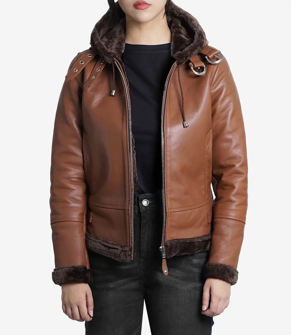 Luxurious Women's Cognac Brown Leather Jacket with Shearling Hood Luxurious Women's Cognac Brown Leather Jacket with Shearling Hood