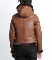Luxurious Women's Cognac Brown Leather Jacket with Shearling Hood