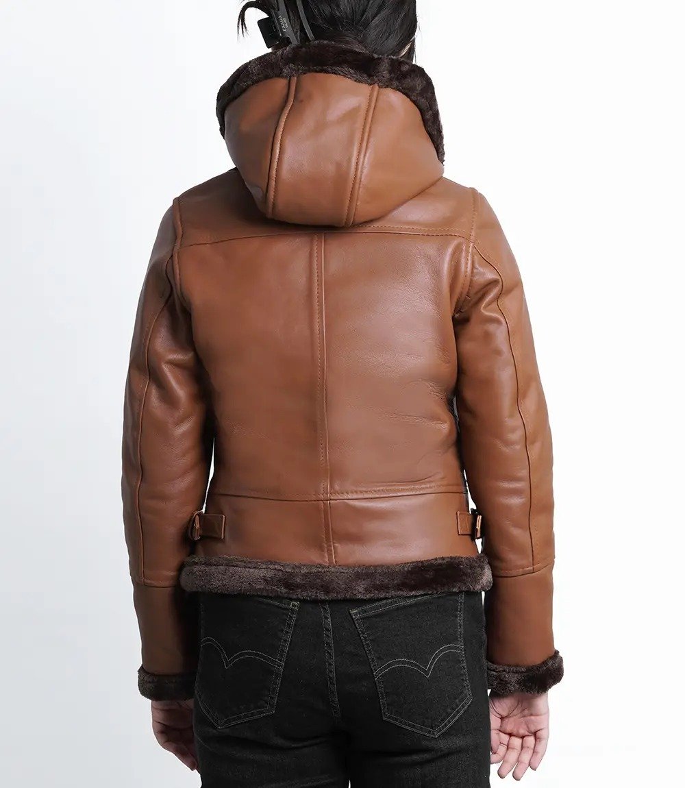 Luxurious Women's Cognac Brown Leather Jacket with Shearling Hood1 Luxurious Women's Cognac Brown Leather Jacket with Shearling Hood