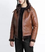 Luxurious Women's Cognac Brown Leather Jacket with Shearling Hood