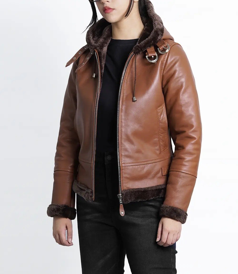 Luxurious Women's Cognac Brown Leather Jacket with Shearling Hood2 Luxurious Women's Cognac Brown Leather Jacket with Shearling Hood