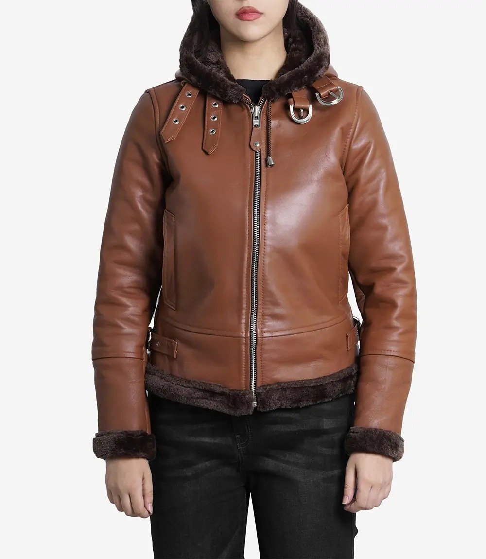 Luxurious Women's Cognac Brown Leather Jacket with Shearling Hood3 Luxurious Women's Cognac Brown Leather Jacket with Shearling Hood