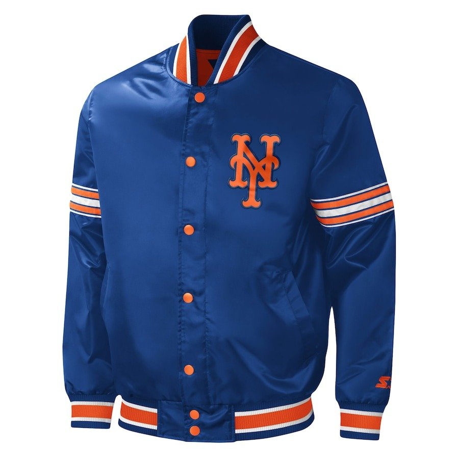 Men’s Royal Satin New York Mets Varsity Jacket Full-Snap Starter Design Men’s Royal Satin New York Mets Varsity Jacket Full-Snap Starter Design
