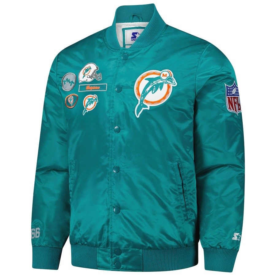 Men's Starter Aqua Miami Dolphins Satin Full-Snap Varsity Jacket Men's Starter Aqua Miami Dolphins Satin Full-Snap Varsity Jacket