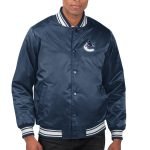 Men's Vancouver Canucks Starter Navy Printed Team Logo Satin Varsity Full-Snap Jacket