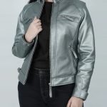 Premium Women's Silver Quilted Cafe Racer Leather Jacket