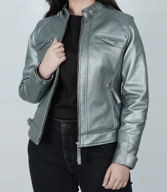 Premium Women's Silver Quilted Cafe Racer Leather Jacket