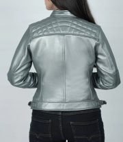Premium Women's Silver Quilted Cafe Racer Leather Jacket - Image 5