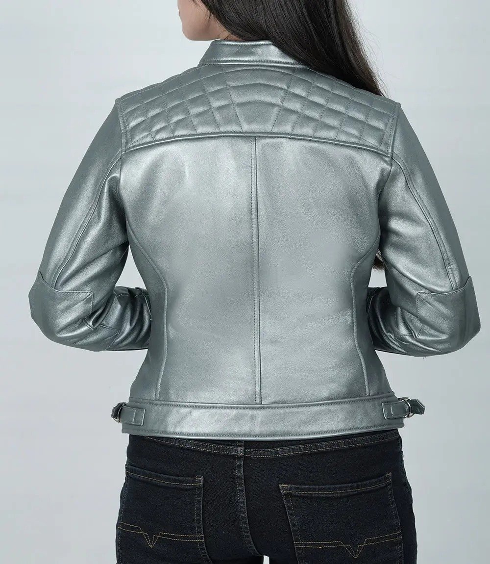 Premium Women's Silver Quilted Cafe Racer Leather Jacket1 Premium Women's Silver Quilted Cafe Racer Leather Jacket - Image 5