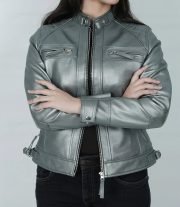 Premium Women's Silver Quilted Cafe Racer Leather Jacket