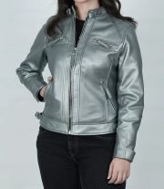 Premium Women's Silver Quilted Cafe Racer Leather Jacket