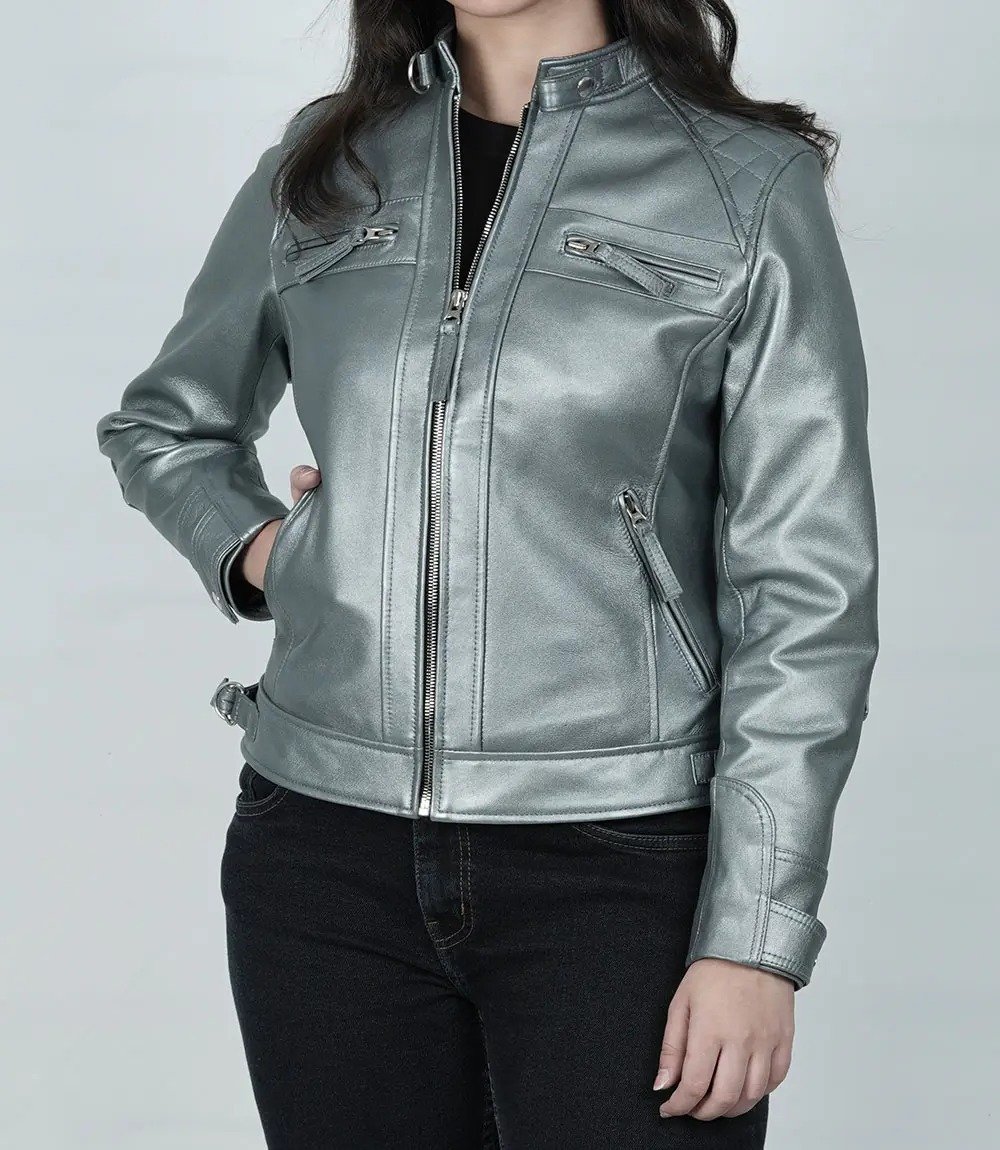 Premium Women's Silver Quilted Cafe Racer Leather Jacket4 Premium Women's Silver Quilted Cafe Racer Leather Jacket