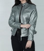 Premium Women's Silver Quilted Cafe Racer Leather Jacket
