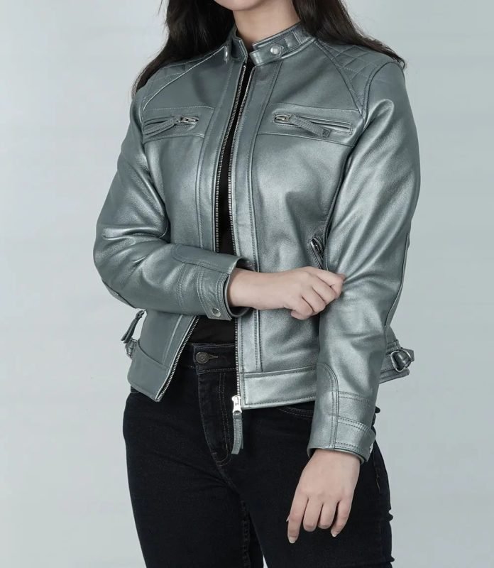 Premium Women's Silver Quilted Cafe Racer Leather Jacket
