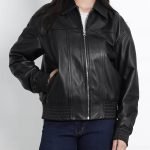 Women's Black Leather Bomber Jacket in Oversized Style