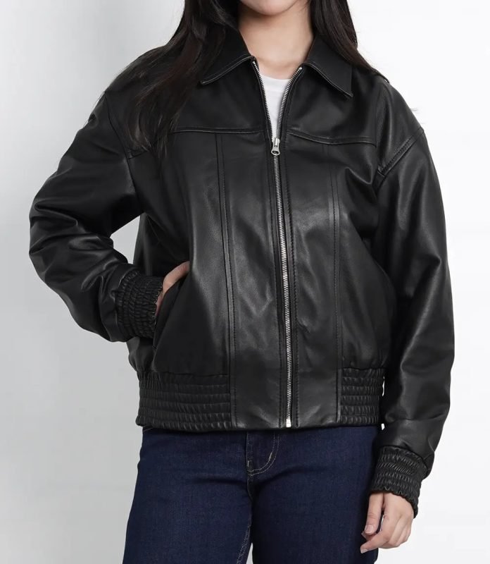Women's Black Leather Bomber Jacket in Oversized Style