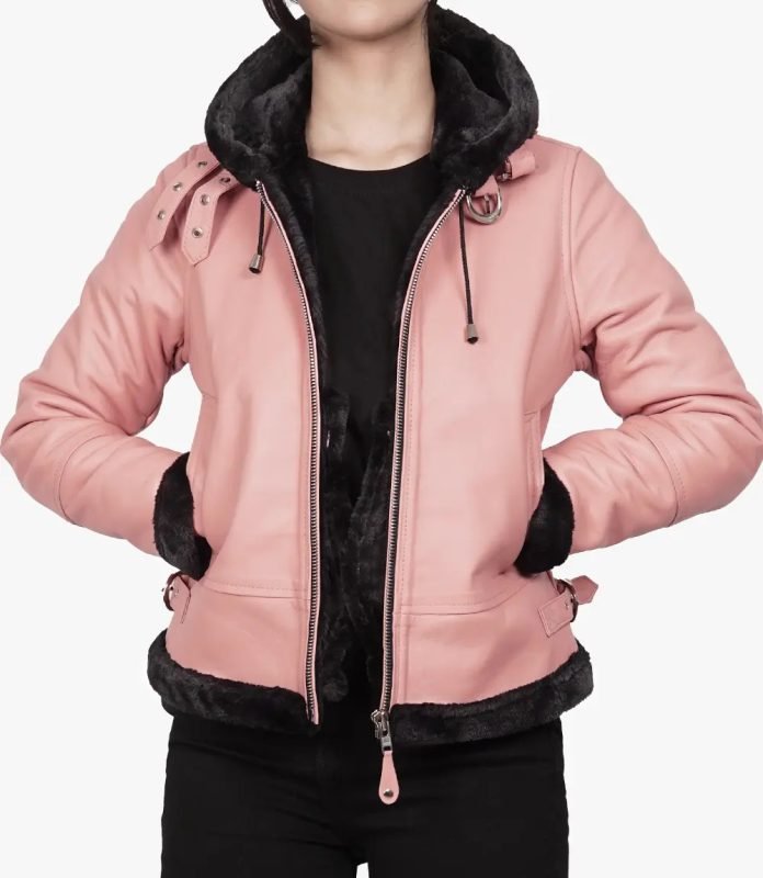 Soft and Stylish Women's Pink Hooded Shearling Leather Jacket