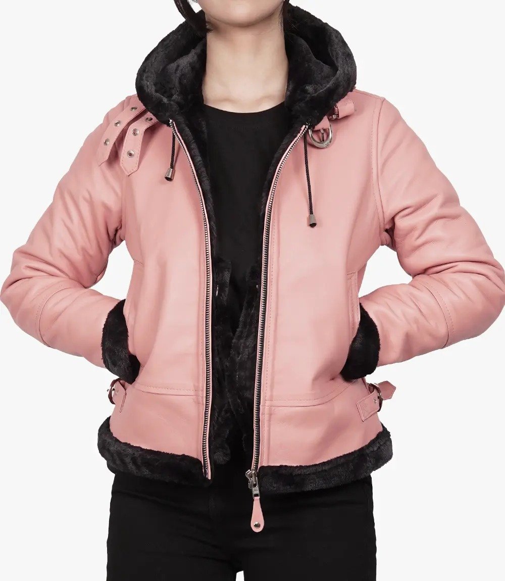 Soft and Stylish Women's Pink Hooded Shearling Leather Jacket Soft and Stylish Women's Pink Hooded Shearling Leather Jacket