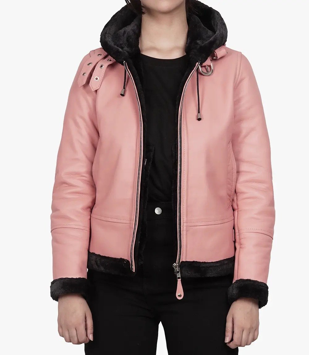 Soft and Stylish Women's Pink Hooded Shearling Leather Jacket1 Soft and Stylish Women's Pink Hooded Shearling Leather Jacket