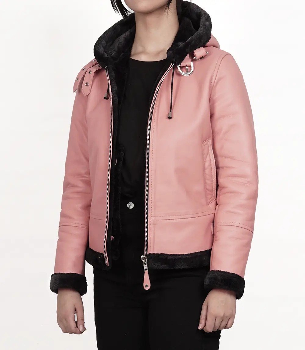 Soft and Stylish Women's Pink Hooded Shearling Leather Jacket2 Soft and Stylish Women's Pink Hooded Shearling Leather Jacket
