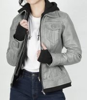 Stylish Betty Women's Light Grey Waxed Leather Jacket with Hood