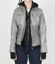 Stylish Betty Women's Light Grey Waxed Leather Jacket with Hood