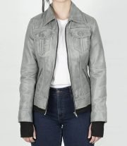 Stylish Betty Women's Light Grey Waxed Leather Jacket with Hood