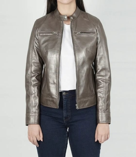 Stylish Dodge Bronze Women’s Leather Biker Jacket