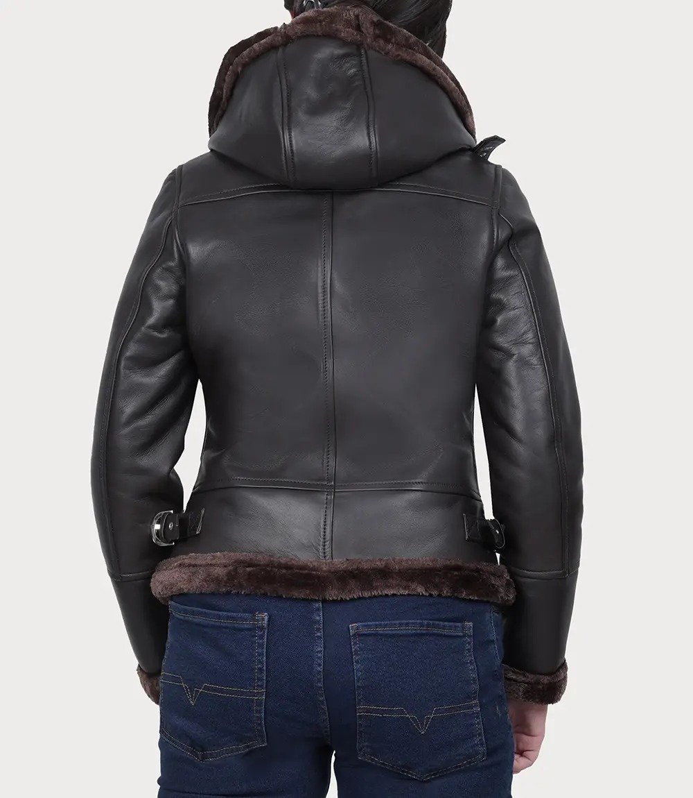 Stylish Women's Dark Brown Hooded Shearling Leather Jacket1 Stylish Women's Dark Brown Hooded Shearling Leather Jacket