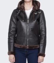 Stylish Women's Dark Brown Hooded Shearling Leather Jacket