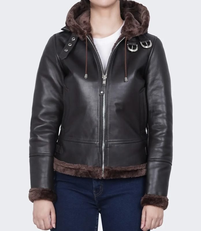 Stylish Women's Dark Brown Hooded Shearling Leather Jacket