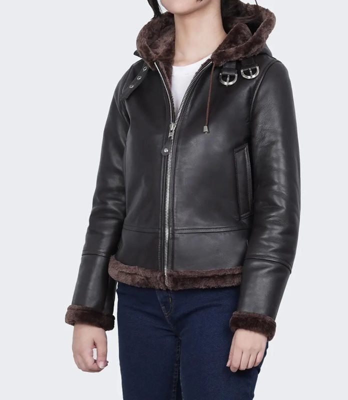 Stylish Women's Dark Brown Hooded Shearling Leather Jacket