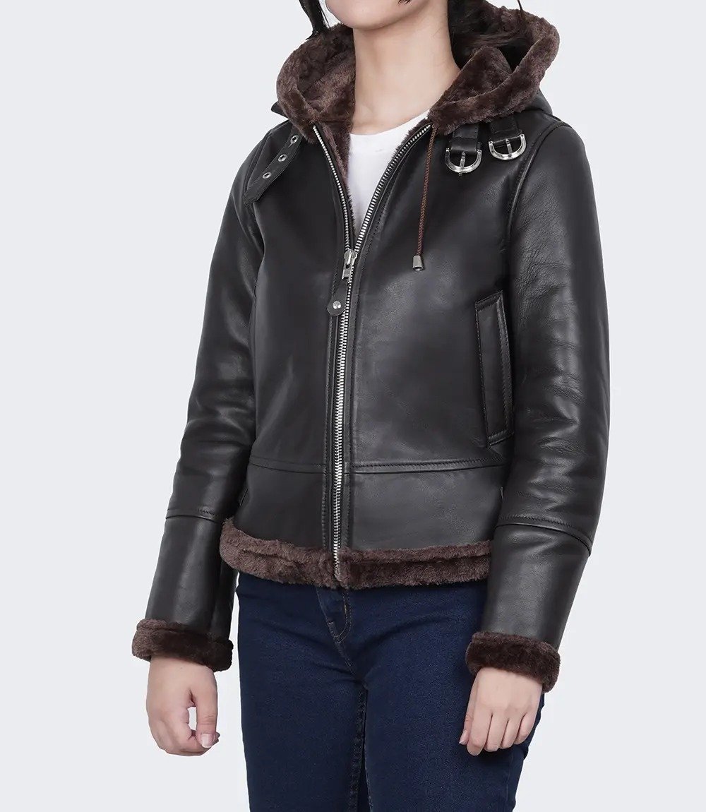 Stylish Women's Dark Brown Hooded Shearling Leather Jacket5 Stylish Women's Dark Brown Hooded Shearling Leather Jacket