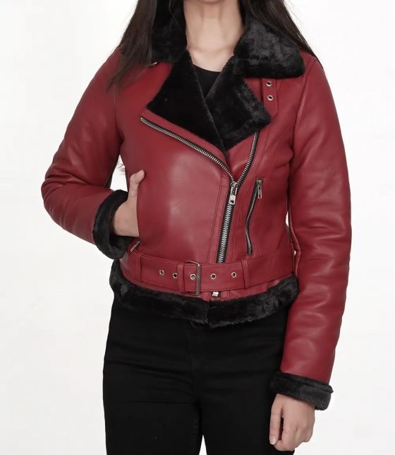 Stylish Women's Maroon & Black Biker Leather Jacket with Shearling Lining