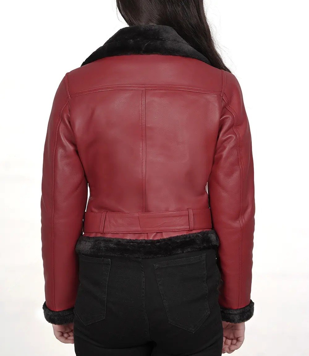 Stylish Women's Maroon & Black Biker Leather Jacket with Shearling Lining1 Stylish Women's Maroon & Black Biker Leather Jacket with Shearling Lining - Image 4