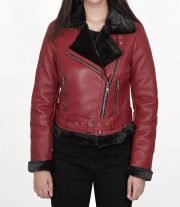 Stylish Women's Maroon & Black Biker Leather Jacket with Shearling Lining