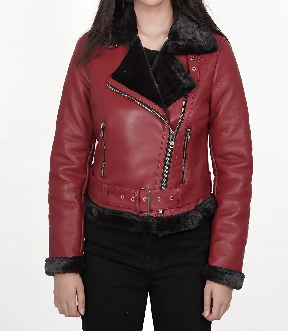 Stylish Women's Maroon & Black Biker Leather Jacket with Shearling Lining3 Stylish Women's Maroon & Black Biker Leather Jacket with Shearling Lining