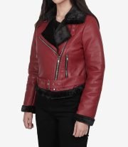 Stylish Women's Maroon & Black Biker Leather Jacket with Shearling Lining
