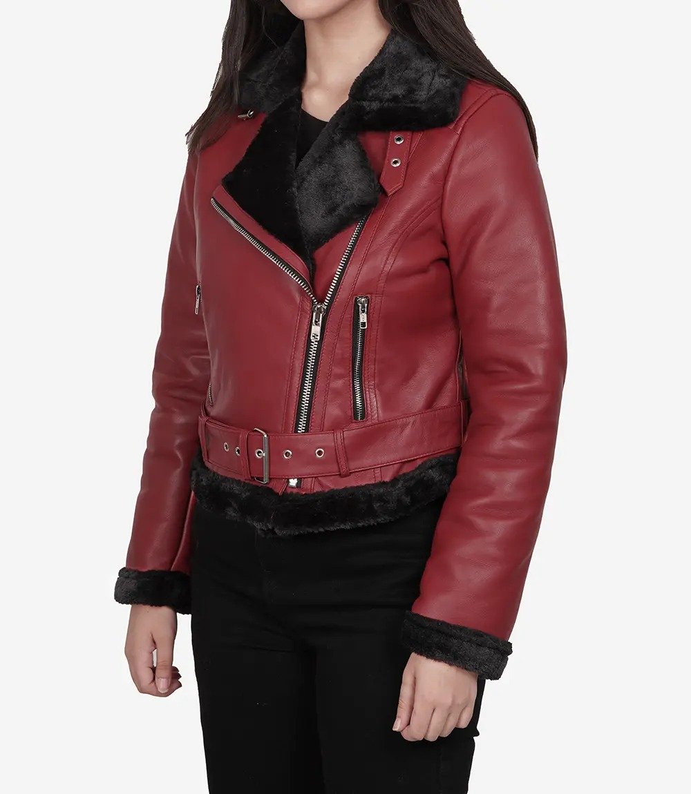 Stylish Women's Maroon & Black Biker Leather Jacket with Shearling Lining4 Stylish Women's Maroon & Black Biker Leather Jacket with Shearling Lining