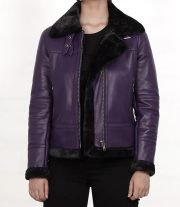 Stylish Women's Purple Shearling Leather Bomber Jacket