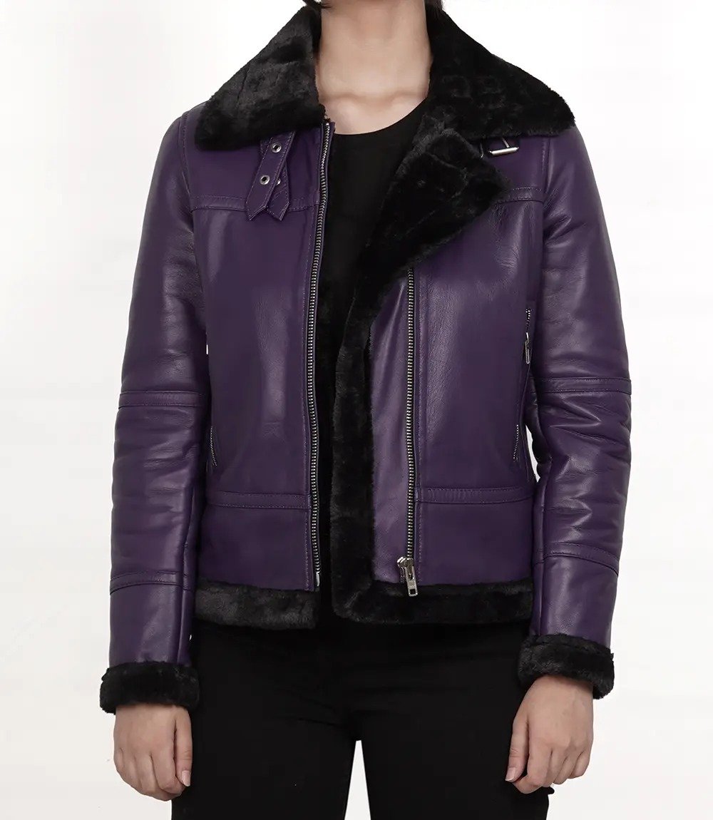 Stylish Women's Purple Shearling Leather Bomber Jacket Stylish Women's Purple Shearling Leather Bomber Jacket - Image 1