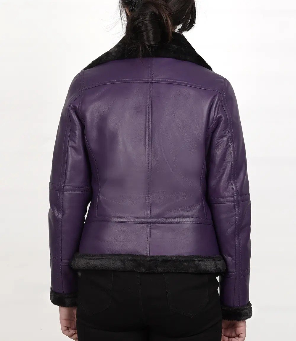 Stylish Women's Purple Shearling Leather Bomber Jacket1 Stylish Women's Purple Shearling Leather Bomber Jacket - Image 6
