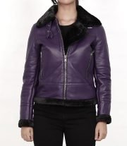 Stylish Women's Purple Shearling Leather Bomber Jacket