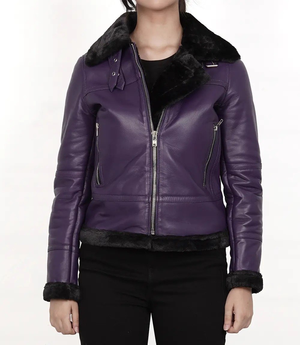 Stylish Women's Purple Shearling Leather Bomber Jacket2 Stylish Women's Purple Shearling Leather Bomber Jacket