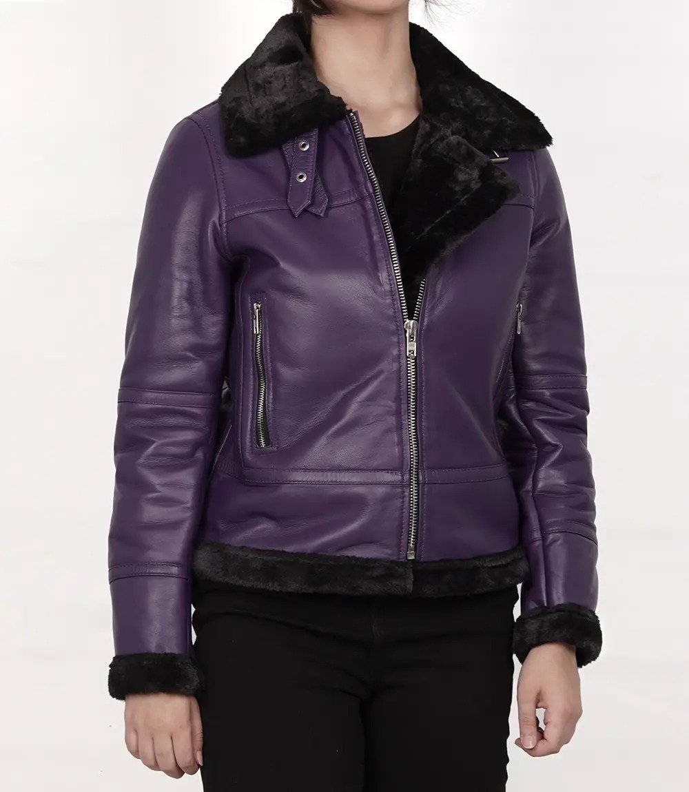Stylish Women's Purple Shearling Leather Bomber Jacket3 Stylish Women's Purple Shearling Leather Bomber Jacket