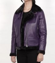 Stylish Women's Purple Shearling Leather Bomber Jacket - Image 4
