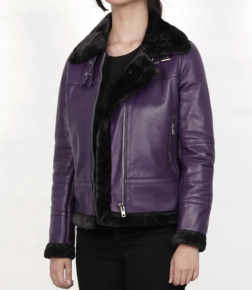 Stylish WomeStylish Women's Purple Shearling Leather Bomber Jacketn's Purple Shearling Leather Bomber Jacket4 Stylish Women's Purple Shearling Leather Bomber Jacket - Image 4