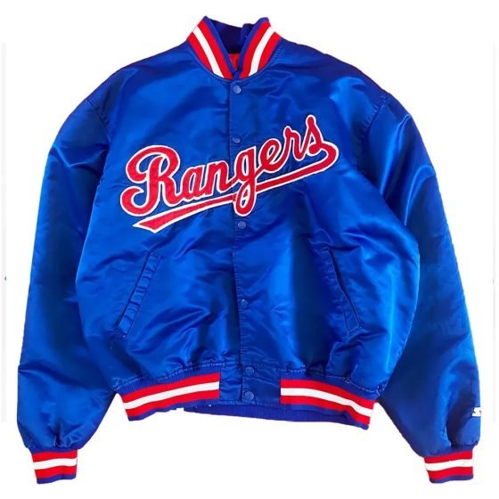 Texas Rangers Full-Snap Varsity Jacket in Classic Royal Blue Satin