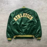 Vintage 90s MLB Oakland A’s Chalk Line Green Satin Bomber Jacket - Image 2